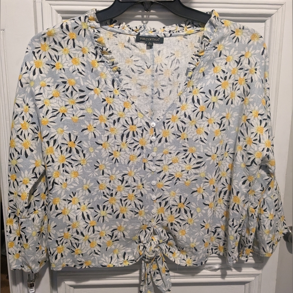 For Cynthia linen daisy flower print ruffle sleeve sz L